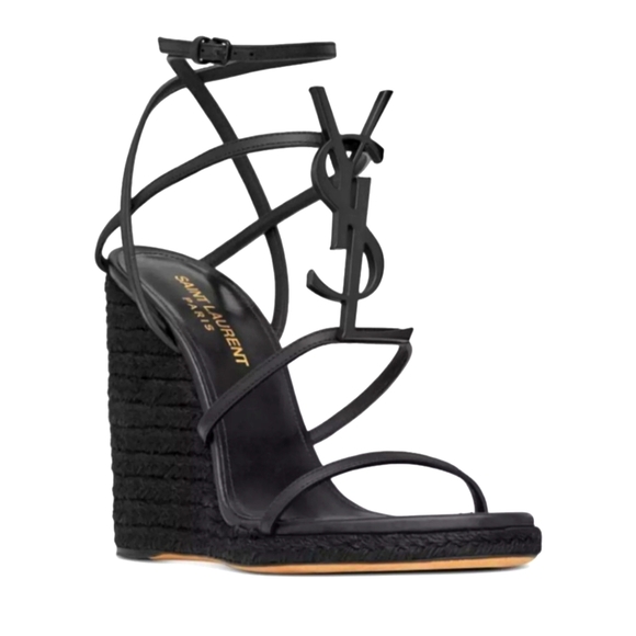 Yves Saint Laurent Cassandra wedge Espadrilles in Black Leather Size 42 - Picture 1 of 9